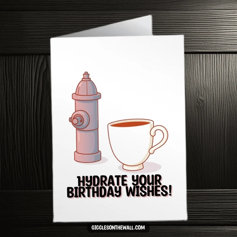 Funny Free Printable Birthday Card featuring a lonely teacup awkwardly hugging a red fire hydrant with a hopeful expression.