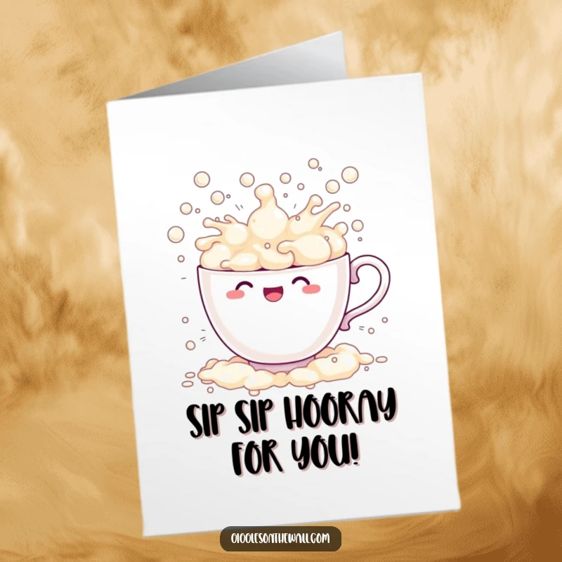 Funny Free Printable Birthday Card: A sentient teacup gleefully overflows with bubbles, creating a comical splashy mess with pure delight.