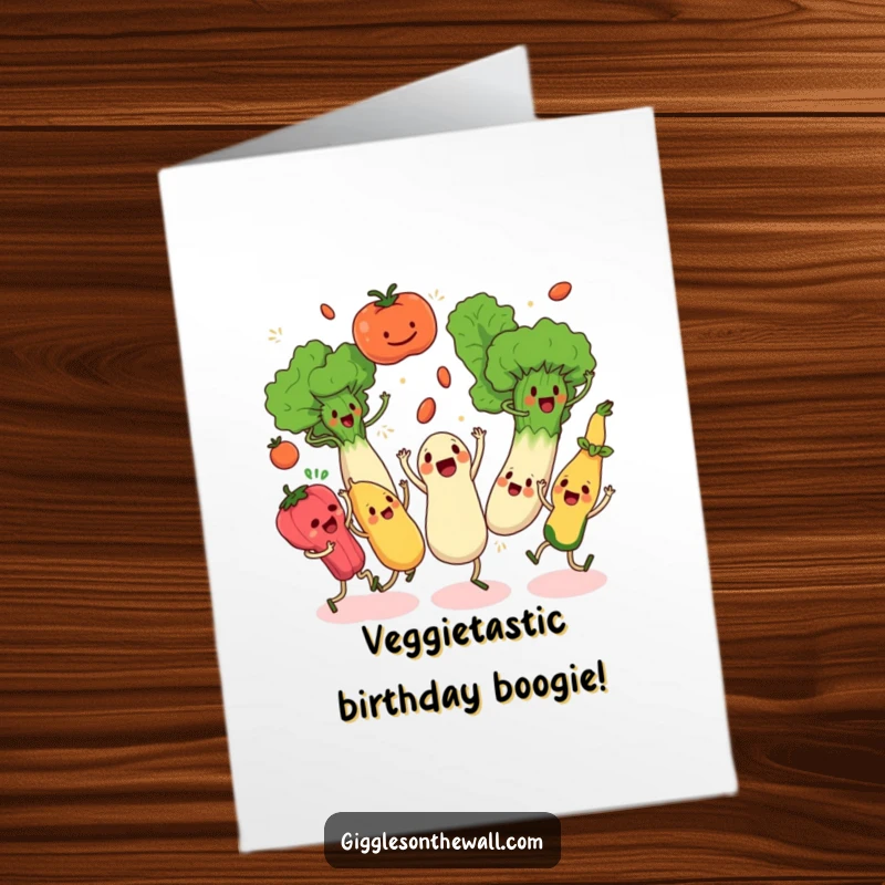 Funny Free Printable Birthday Card: Animated vegetables in a chaotic synchronized dance, a hilarious downloadable greeting.