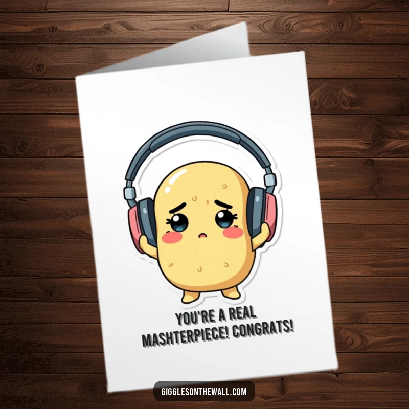 Funny Free Printable Congrats Card: A determined potato struggling to fit into comically large headphones, looking focused.