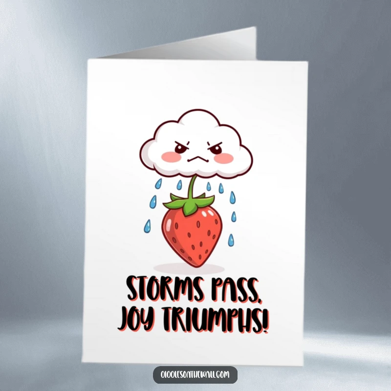 Funny Free Printable Congrats Card: A grumpy cloud raining on a sunbathing strawberry, a comical downloadable greeting.