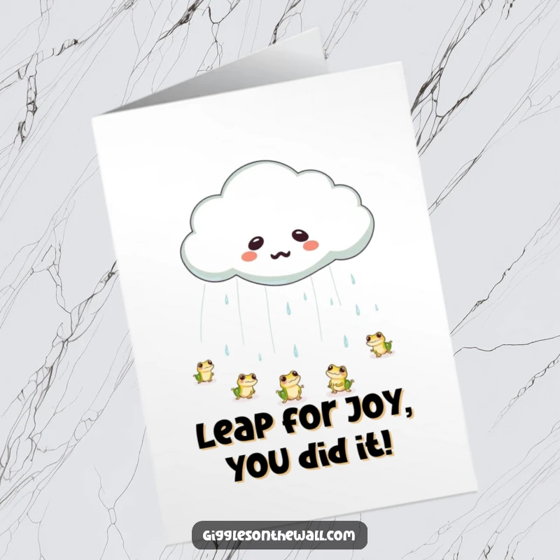 Funny Free Printable congratulations card of a tearful cloud raining tiny, bouncing frogs.