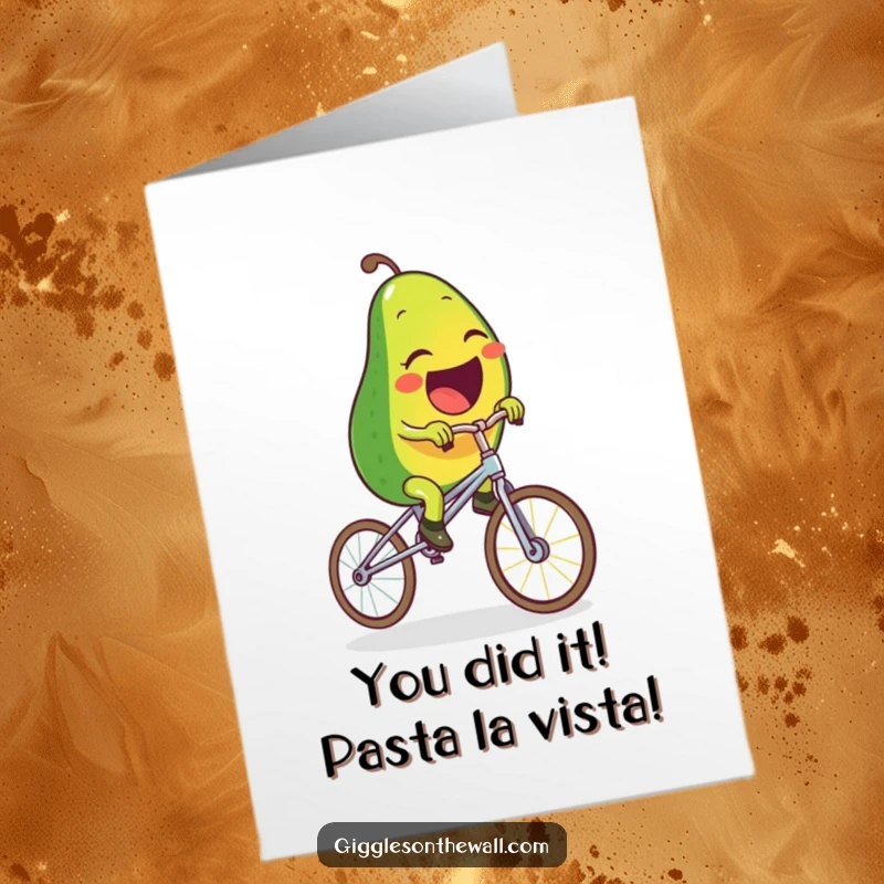 Funny Free Printable Congratulations Card: An avocado wobbles on a spaghetti unicycle, celebrating an achievement with gusto.