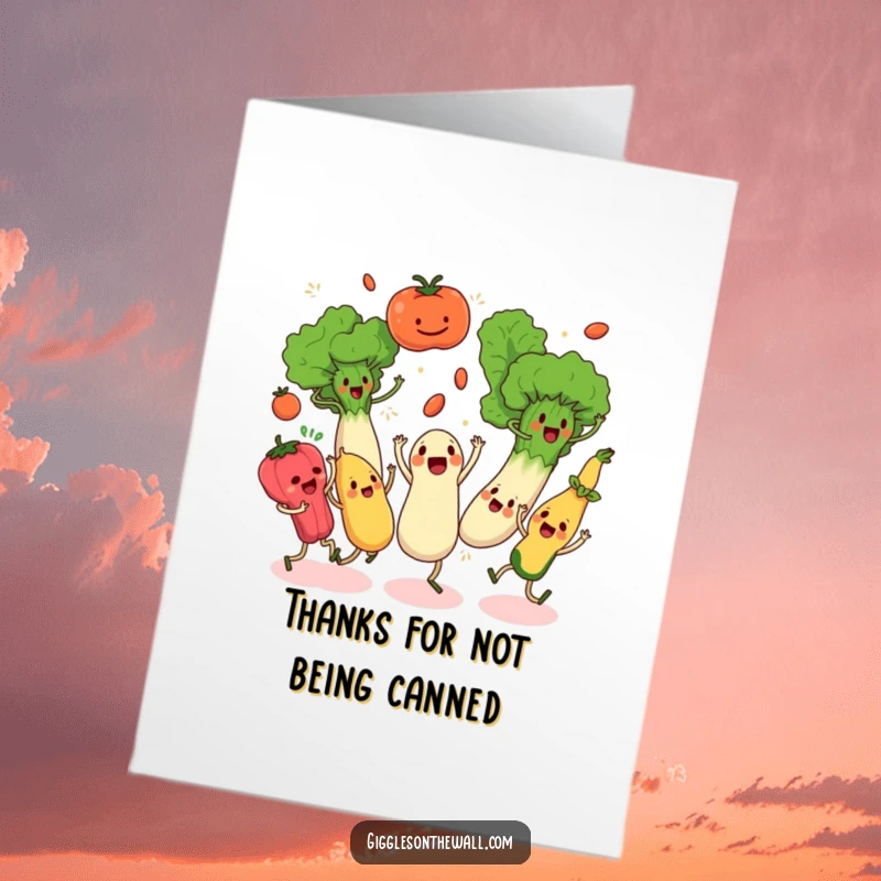 Funny Free Printable Thank You Card: Animated vegetables performing a chaotic synchronized dance, a humorous downloadable thank you.