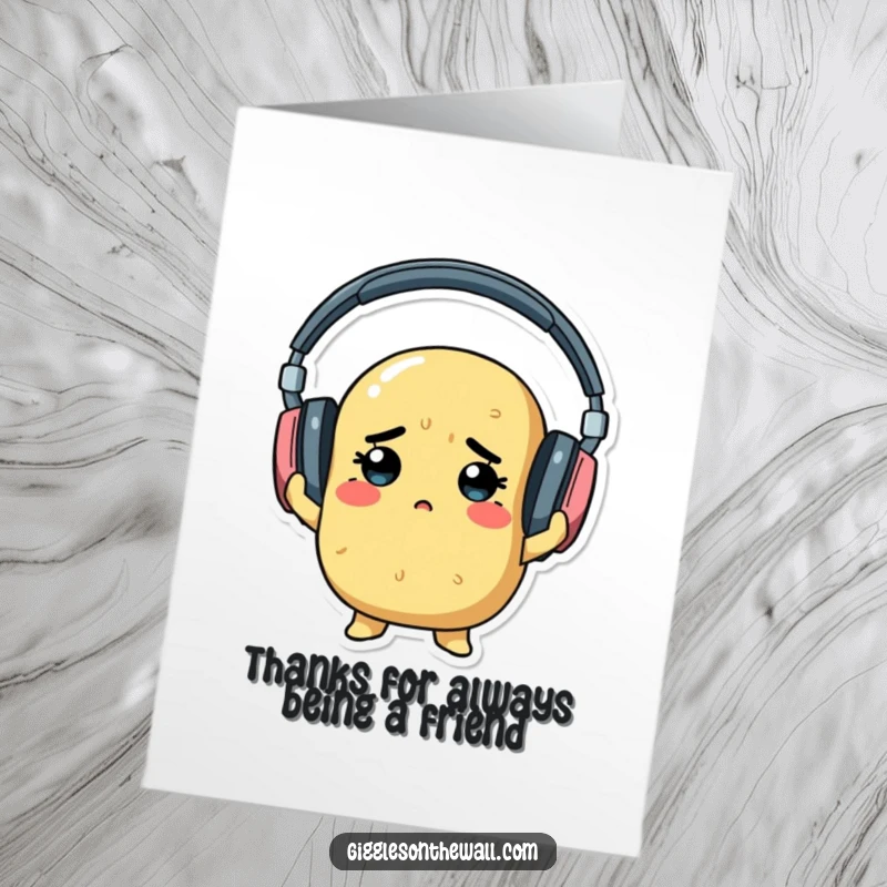 Funny Free Printable Thank You Card: A determined potato trying its best to wear headphones that are comically too big.