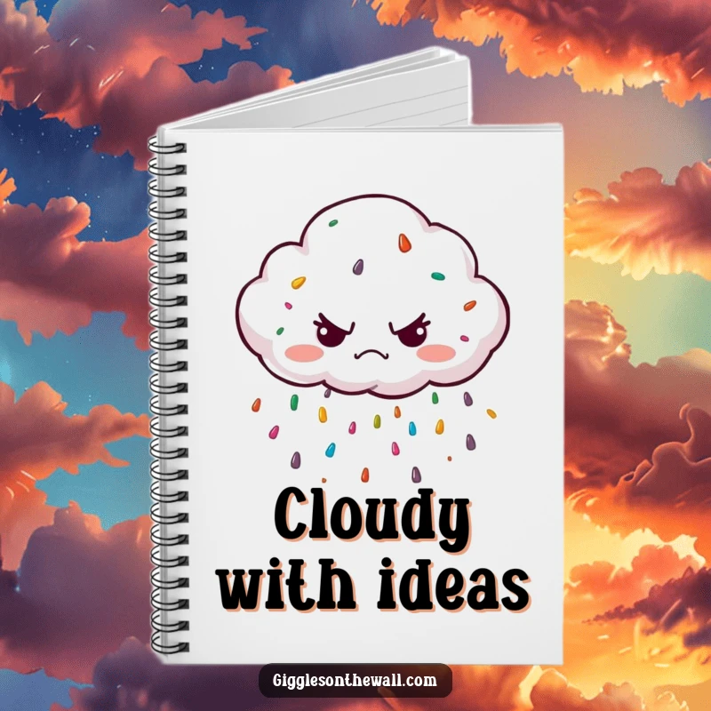Funny grumpy cloud character raining colorful sprinkles on a notebook cover, inspiring creative writing and note-taking with whimsical humor.