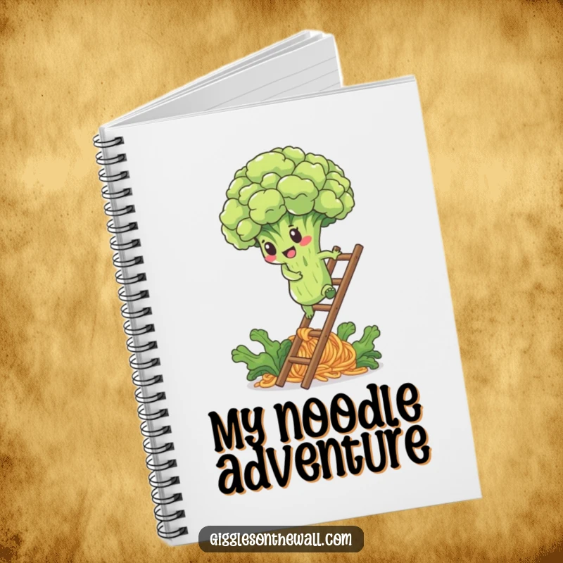Funny notebook with a determined broccoli floret climbing a noodle ladder, ideal for notes and goal setting.