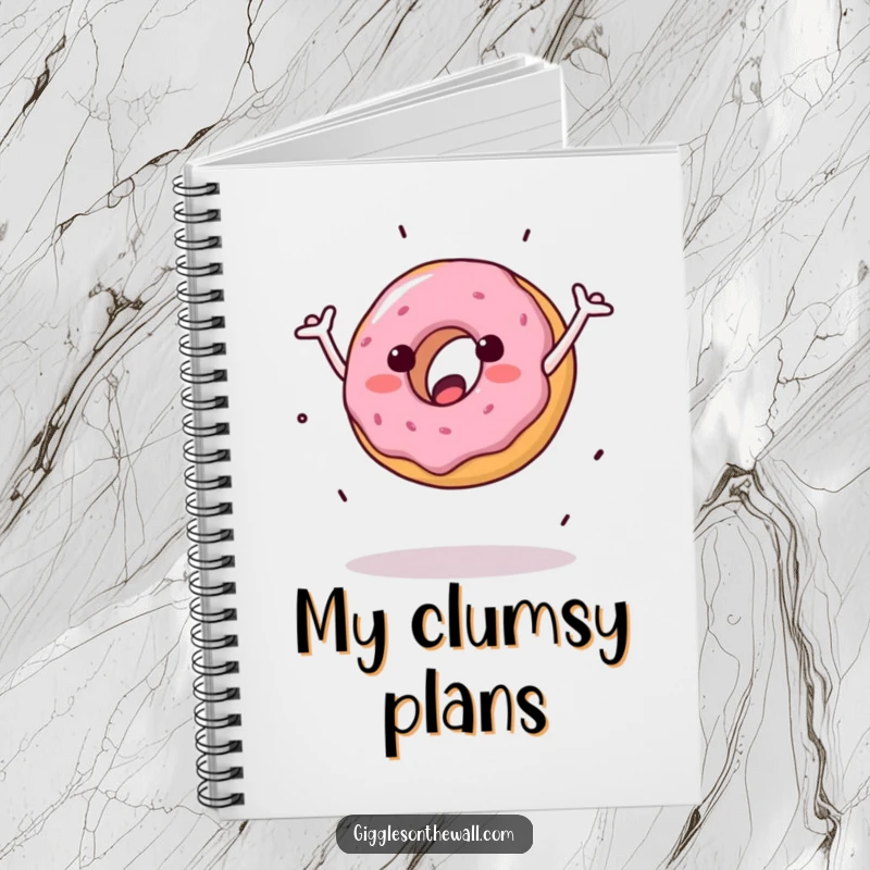 Funny notebook with a donut doing a clumsy cartwheel, perfect for jotting down notes, ideas, or funny observations.