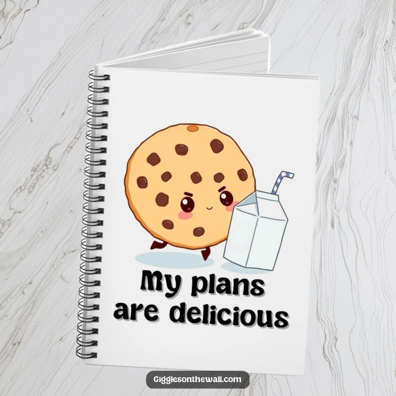 Funny notebook cover with a giant cookie determinedly chasing a tiny milk carton, perfect for jotting down sweet thoughts.