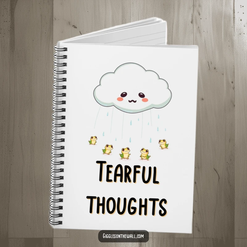Funny frog rain cloud notebook with an emotional cloud crying a large tear, raining tiny bouncing frogs, perfect for jotting down ideas with humor.