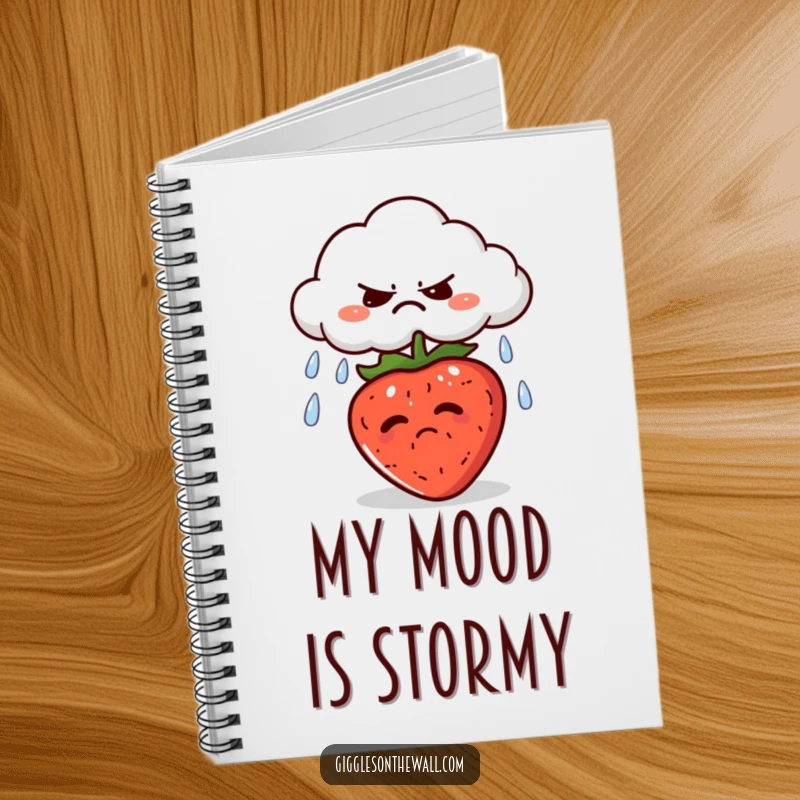 Funny notebook cover with a grumpy cloud spitting rain, perfect for jotting down gloomy thoughts or daily notes.