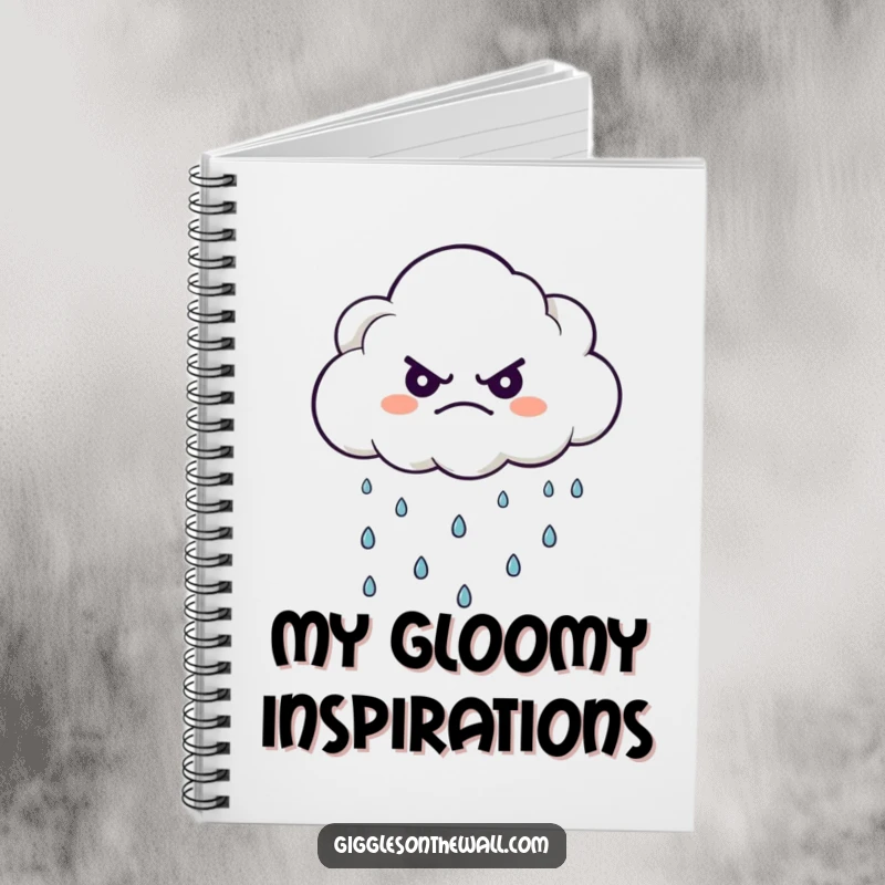 Funny notebook featuring a grumpy cloud character showering happy raindrops, ideal for journaling and creative writing.