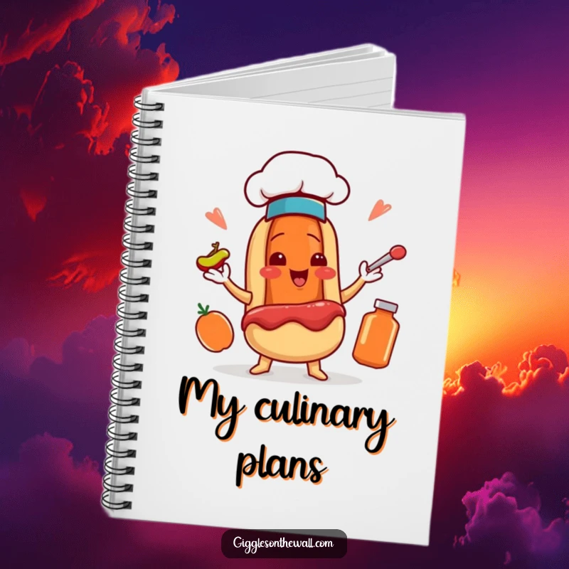 Funny notebook cover featuring a smiling hot dog chef character juggling condiments, ideal for recipes and culinary notes.