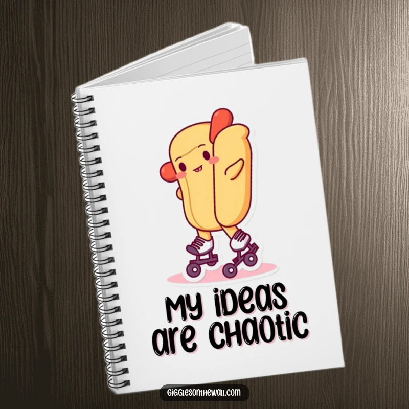 Funny notebook cover with a hot dog on tiny roller skates, wobbling adorably, for journaling and note-taking.