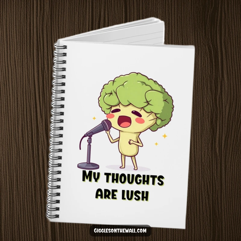 Funny notebook cover with a proud broccoli head singing opera, perfect for composing notes, lyrics, or culinary creations.