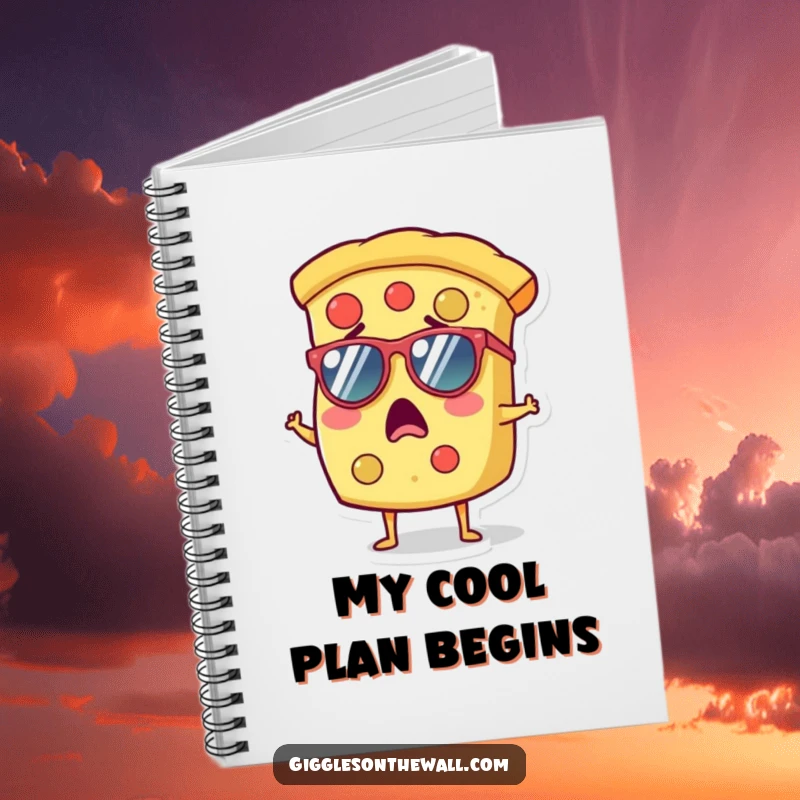 Funny notebook with a surprised slice of pizza wearing tiny sunglasses, ideal for notes and creative ideas.