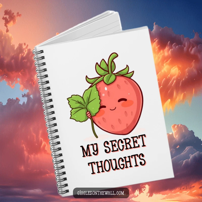 Funny notebook cover featuring a blushing strawberry character hiding behind a leaf, ideal for journaling with shy charm.