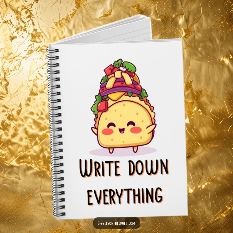Funny blushing taco character balancing a mountain of toppings on a notebook cover, inspiring creative writing and meal planning with humor.