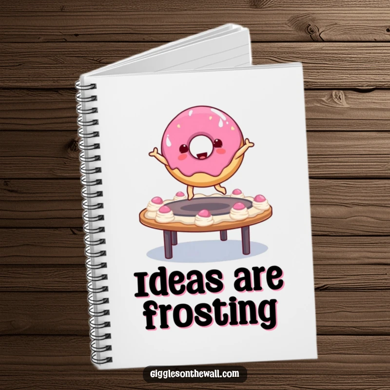 Funny donut character bouncing on a frosting trampoline on a notebook cover, inspiring creative writing and note-taking with sugary humor.