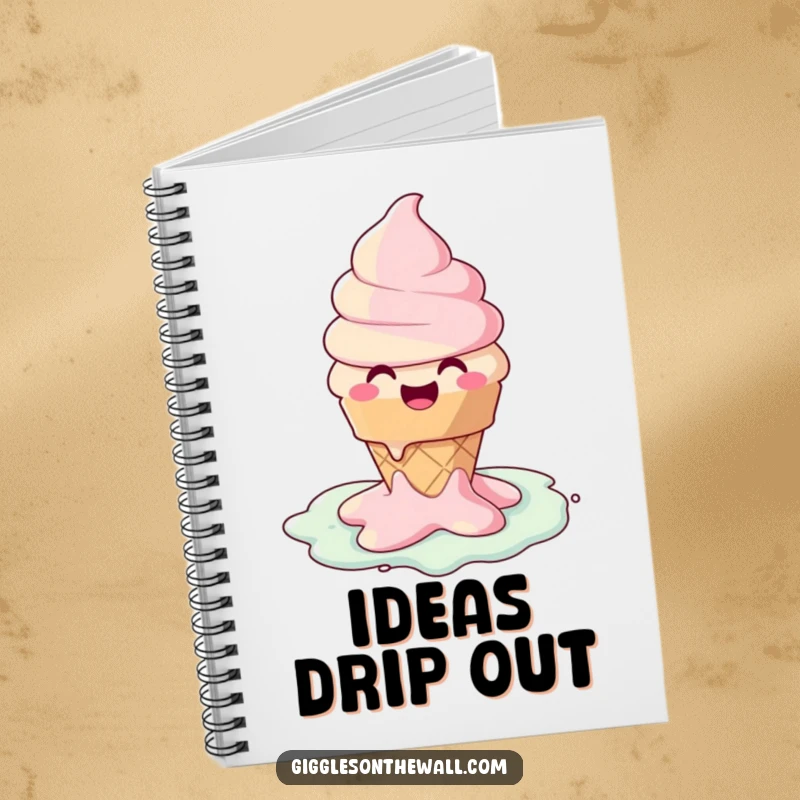 Funny notebook with a happy ice cream cone character melting into a puddle of joy, perfect for jotting down happy thoughts.