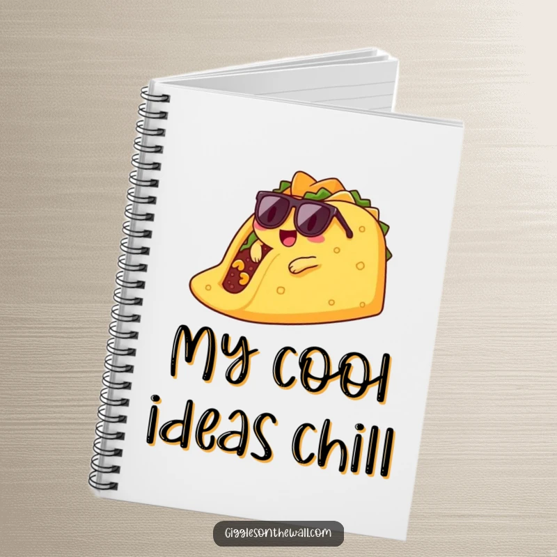 Funny lounging taco notebook cover featuring a taco character wearing sunglasses, casually lounging on a giant chip.