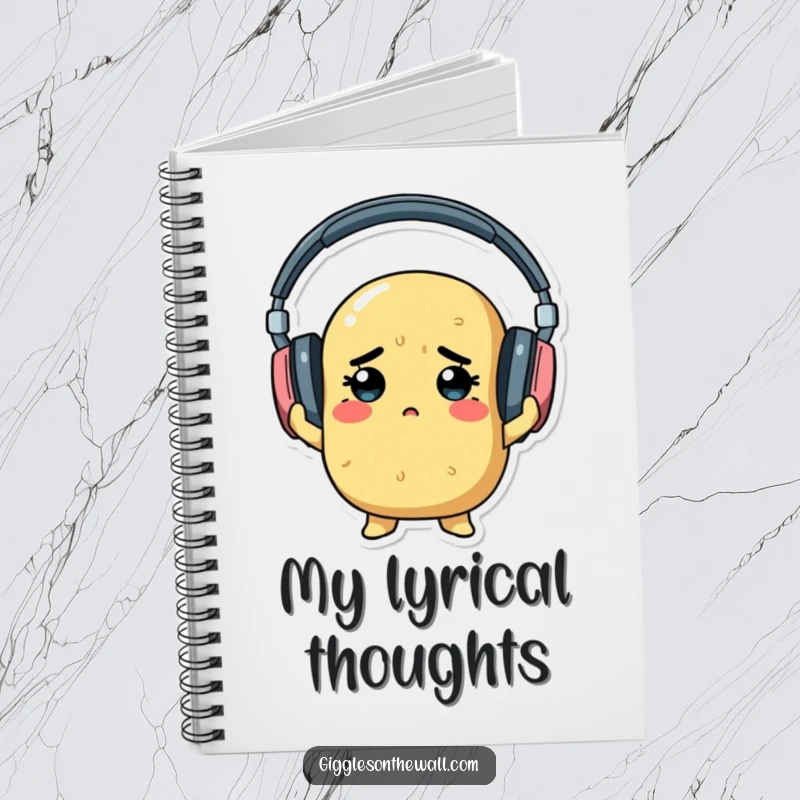 A determined potato hilariously trying to wear oversized headphones, inspiring notes in this humorous notebook.