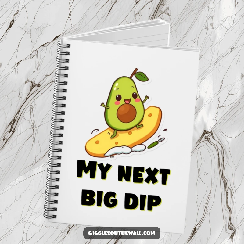 Funny avocado character surfing a giant chip on a notebook cover, inspiring creative writing and note-taking with comical visual flair.