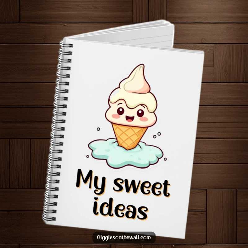Funny notebook cover featuring a cheerful ice cream cone melting into a puddle, ideal for journaling with sweet humor.