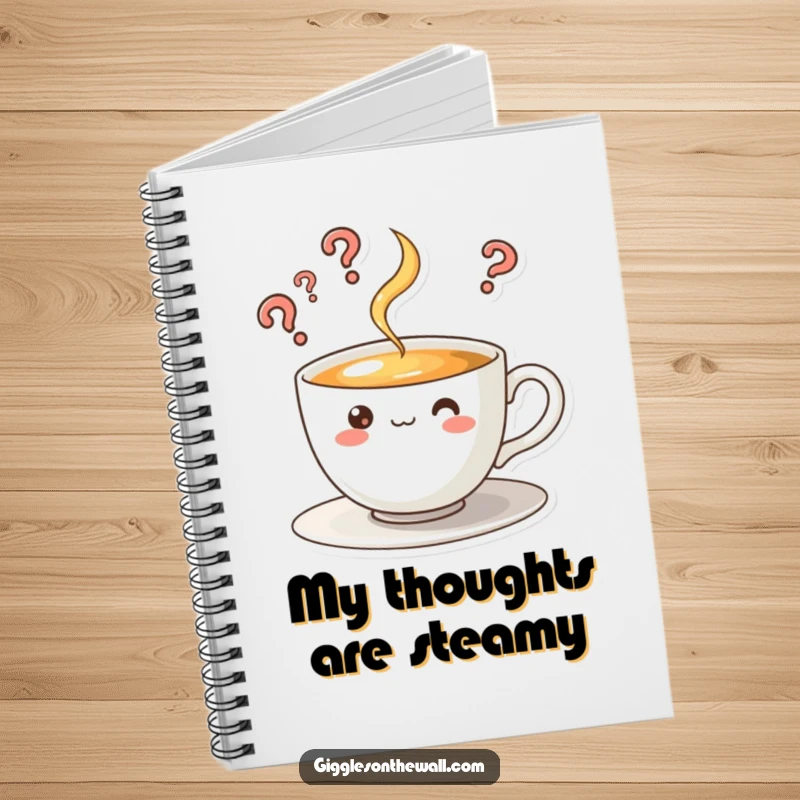 Funny notebook with a curious teacup character whose steam rises in question marks, perfect for jotting down inquiries.