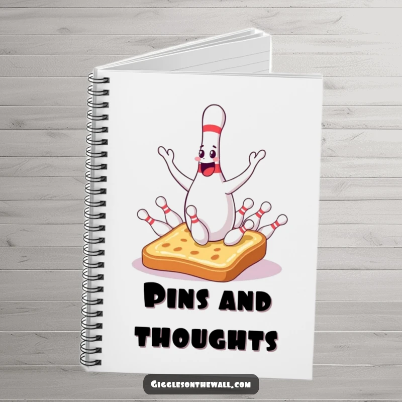 Funny bowling pin notebook with a sentient juggler dropping pins onto surprised toast, perfect for jotting down ideas with humor.