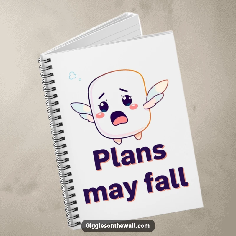 Funny notebook with a startled marshmallow character with tiny wings, hilariously attempting to fly, perfect for capturing ideas.