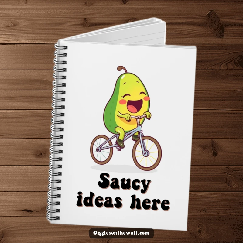 Funny notebook cover with a laughing avocado character riding a unicycle made of spaghetti, inspiring creativity and amusement.