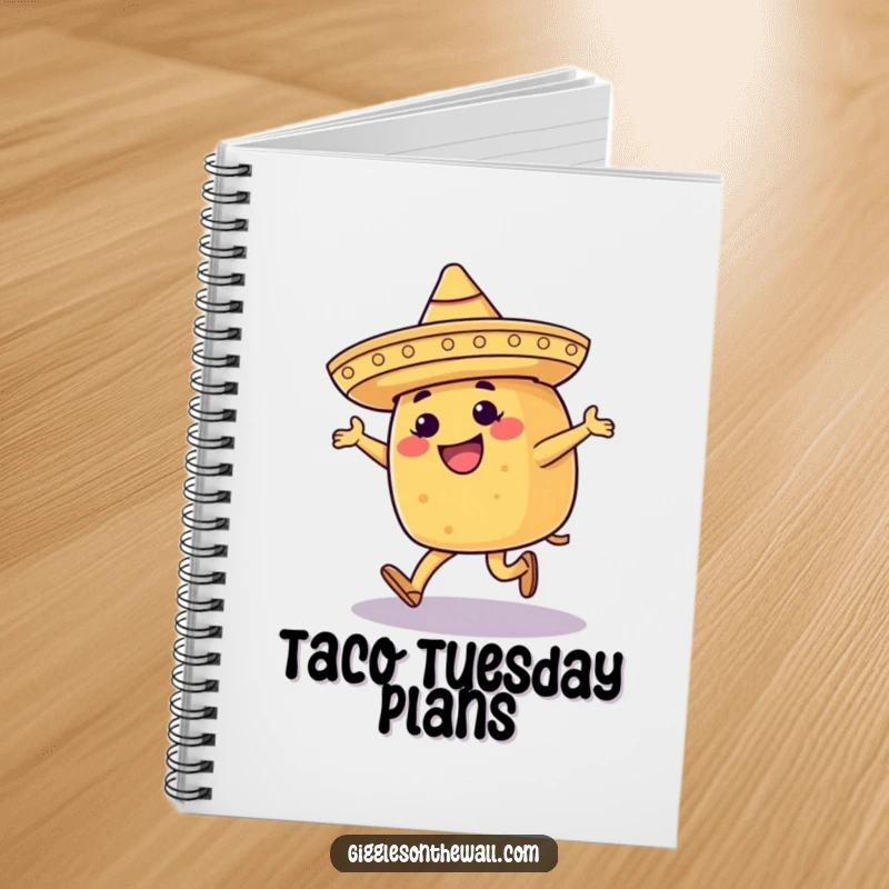 Funny notebook with a happy taco in a sombrero, moonwalking, perfect for jotting down recipes or dance routines.