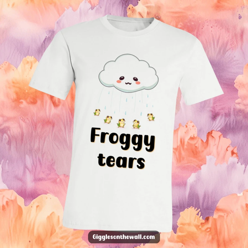 Funny frog rain cloud t-shirt showing a cloud with a large tear raining tiny bouncing frogs, capturing a moment of humorous gloom.