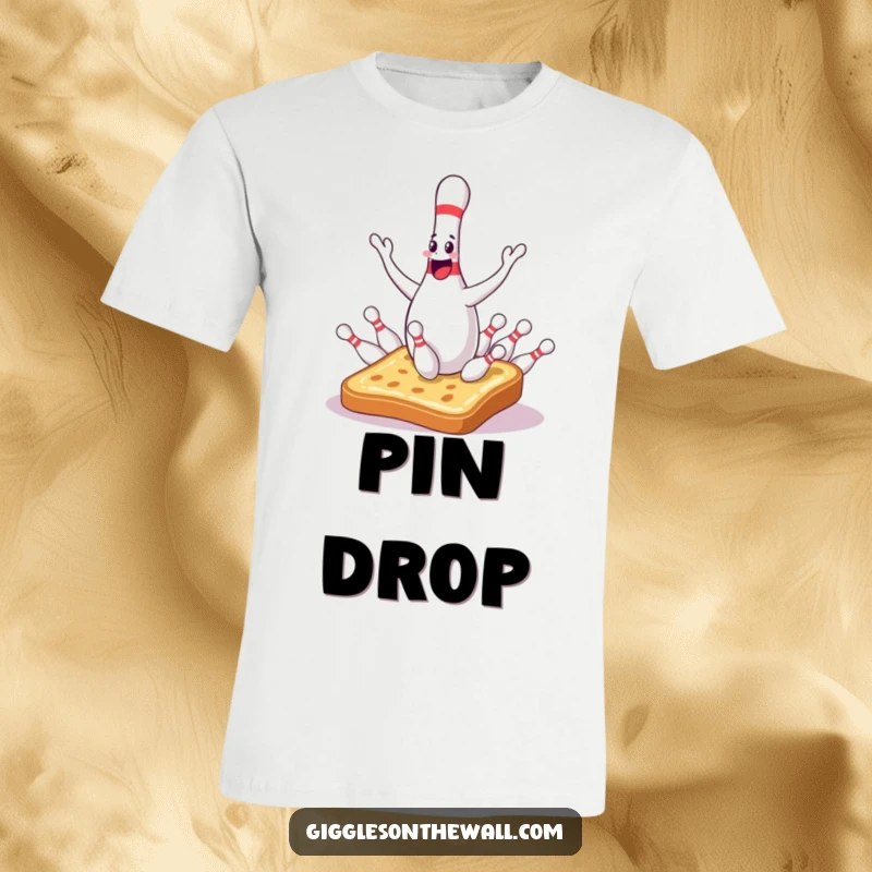 Funny bowling pin t-shirt showing a sentient juggler dropping all its pins onto a surprised piece of toast, full of comedic chaos.