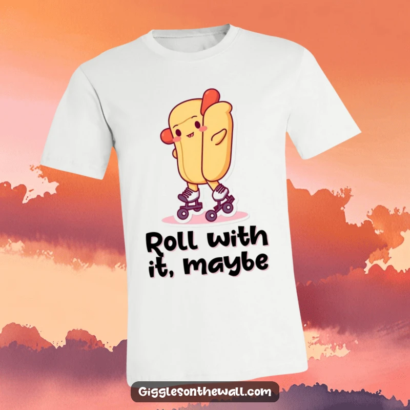 Funny t-shirt with a hot dog on tiny roller skates, wobbling precariously, a humorous design for casual wear.