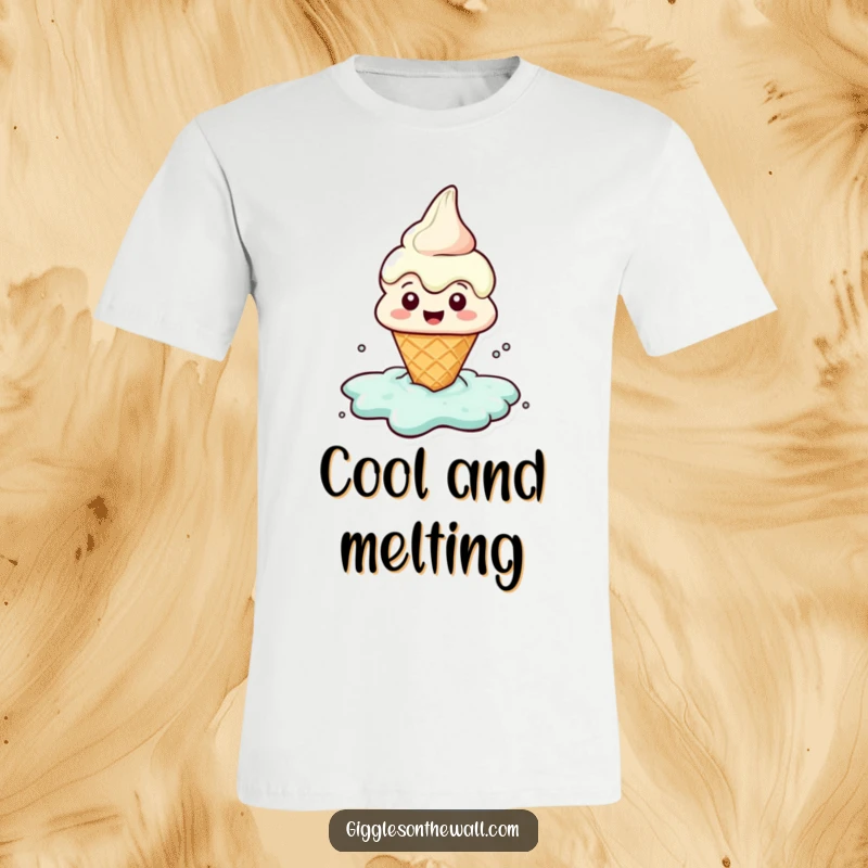 Funny t-shirt depicting a happy ice cream cone character melting joyfully into a puddle, embodying pure delight.