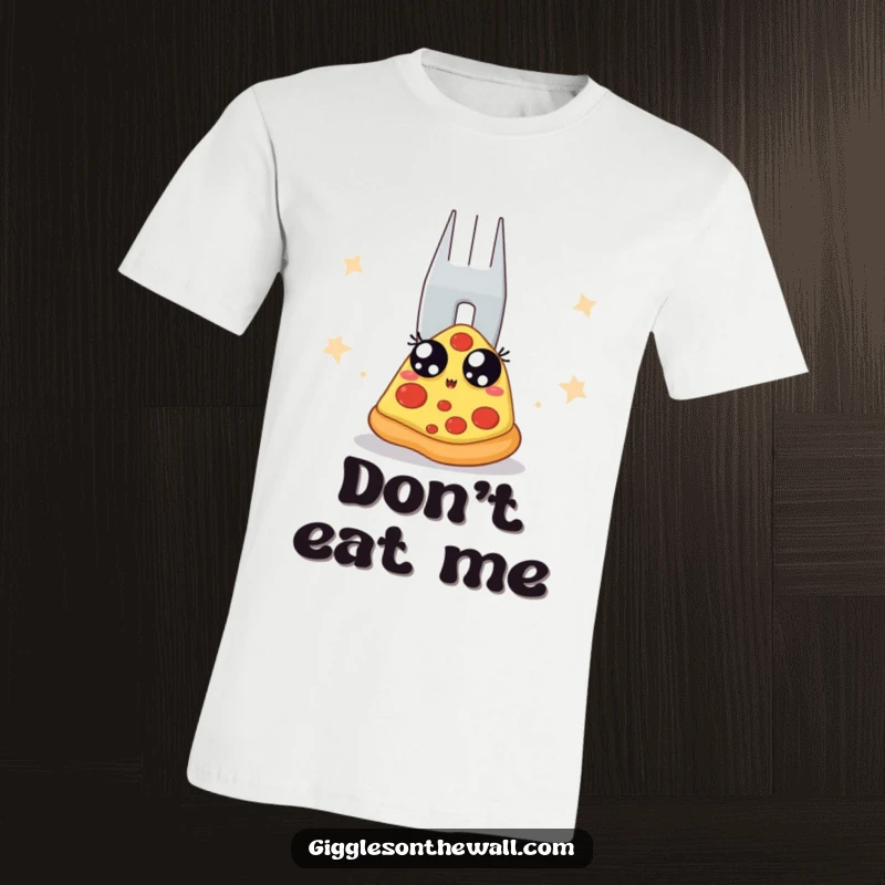 Funny t-shirt with a pizza slice wide-eyed and terrified of a giant fork backstage. Captures a moment of hilarious food-related anxiety.