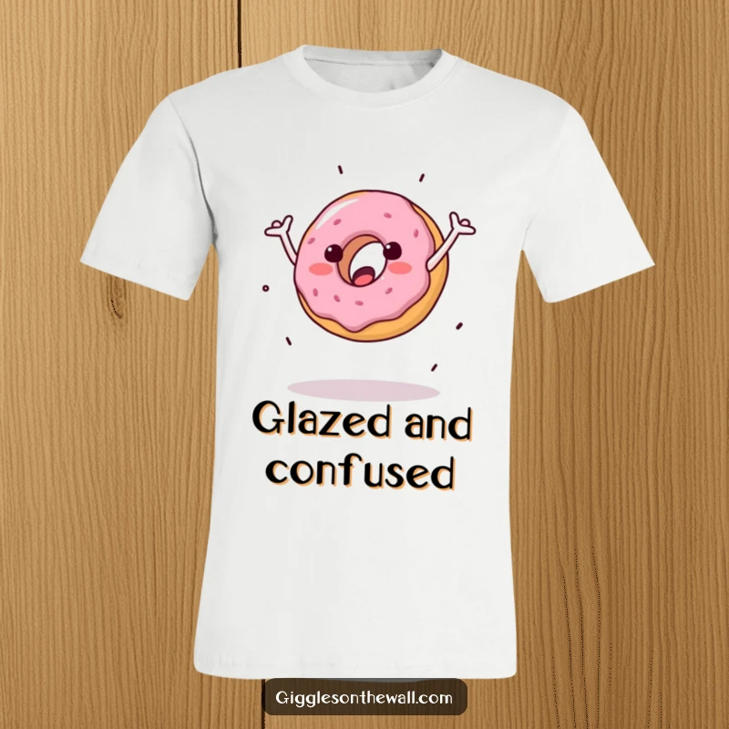 Funny t-shirt depicting a donut with arms doing a comically bad cartwheel, showcasing its funny, clumsy personality.