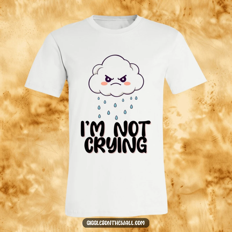 Funny t-shirt showing a grumpy cloud character raining happy, tiny raindrops, a humorous take on moods.