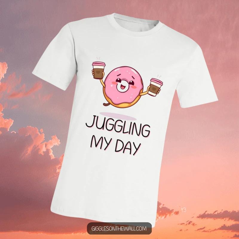 Funny giddy donut juggling coffee cups on a t-shirt, energetic and humorous design, ideal funny gift.
