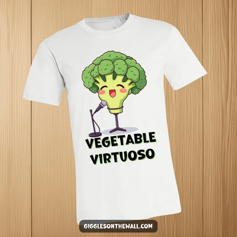 Funny opera broccoli t-shirt, a proud broccoli character singing its heart out into a microphone stand.
