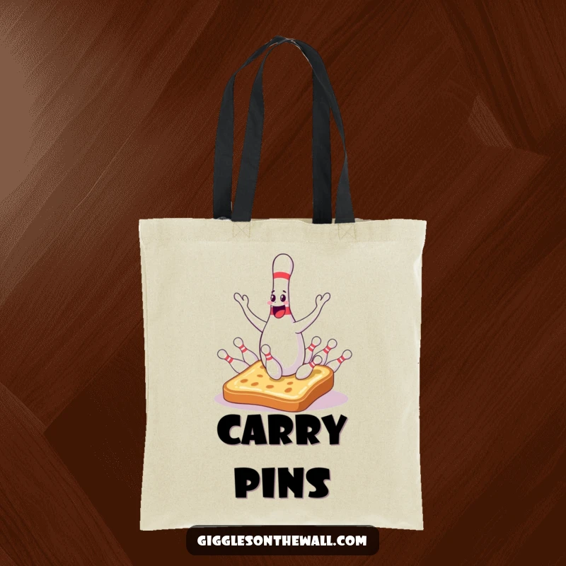 Funny bowling pin tote bag showing a sentient juggler dropping pins onto surprised toast, great for carrying items with humor.