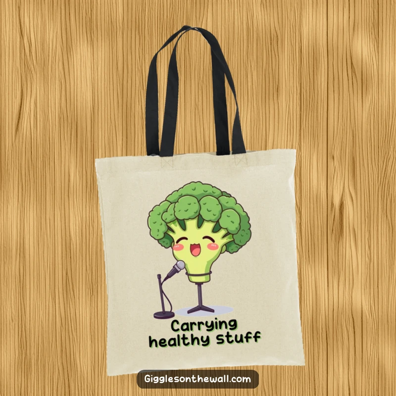 Funny opera broccoli tote bag, featuring a proud broccoli character singing powerfully into a microphone.