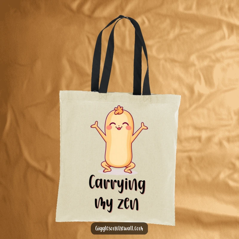 Funny cheerful baguette in a yoga pose on a tote bag, a functional and humorous accessory, perfect funny gift.