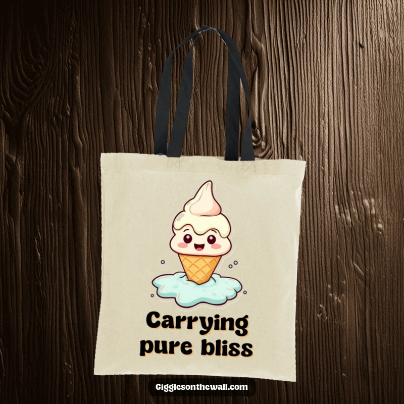 Funny tote bag featuring a happy ice cream cone character melting into a puddle of delight, perfect for shopping.