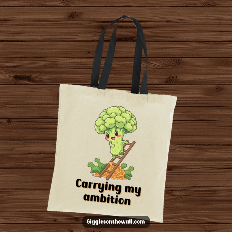 Funny tote bag with a determined broccoli floret climbing a noodle ladder, perfect for carrying items with purpose.