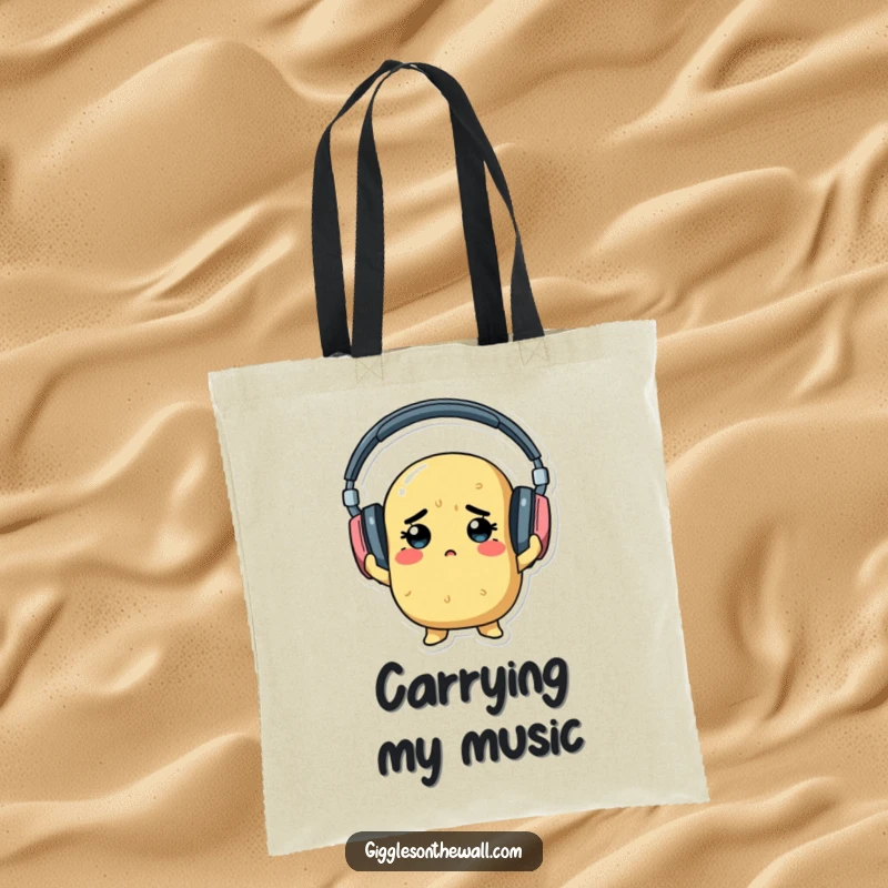 A determined potato hilariously struggling with oversized headphones, depicted on a durable and humorous tote bag.