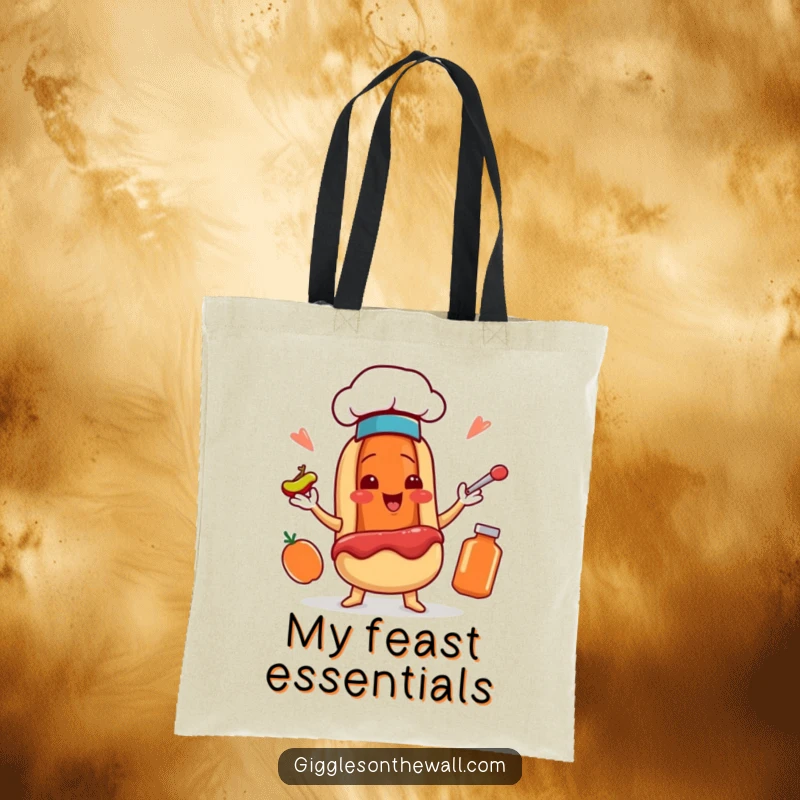 Funny tote bag featuring a smiling hot dog chef character juggling ketchup and mustard, ready for grocery runs.