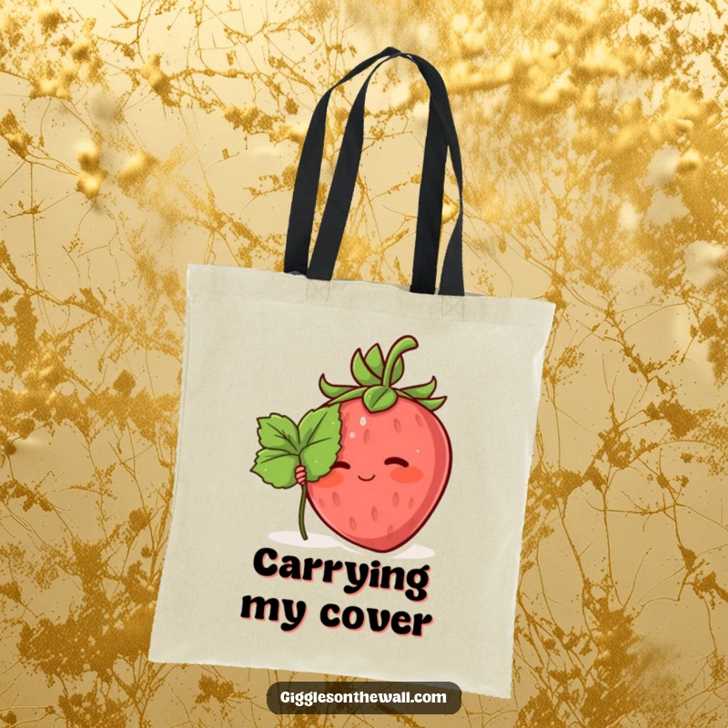 Funny tote bag with a blushing strawberry character hiding behind a tiny leaf, perfect for carrying items discreetly.